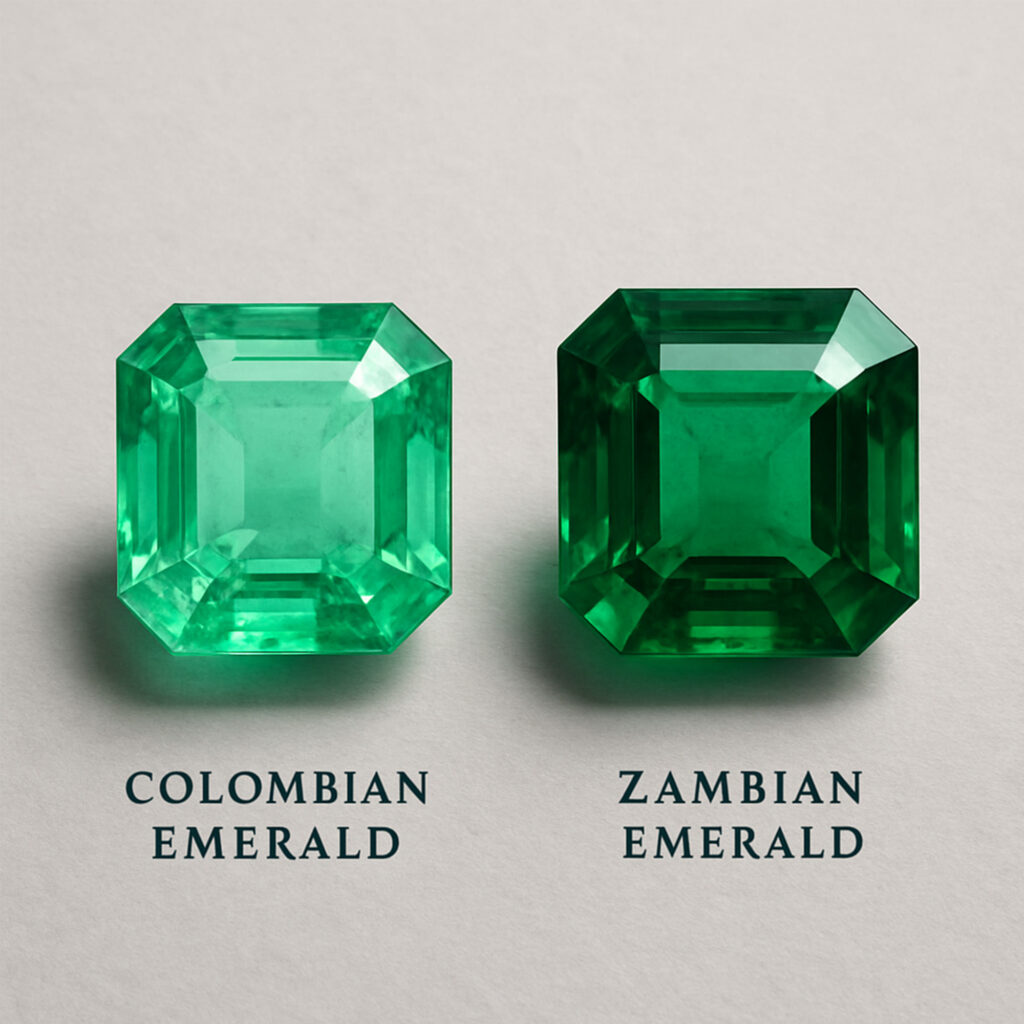 Natural emeralds found in Colombia and Zambia