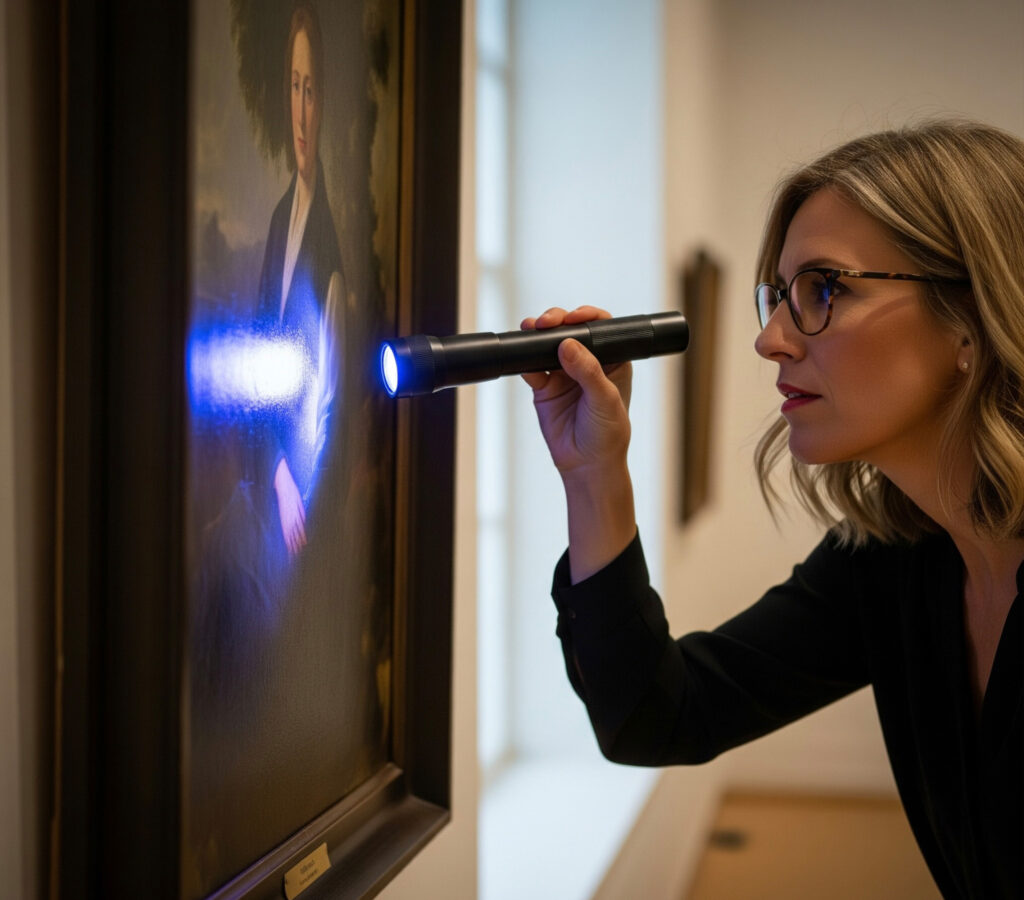 Woman inspecting painting with UV light to see if artwork is a forgery