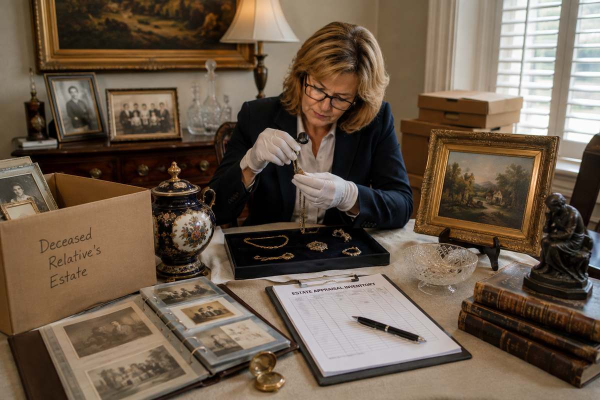 Professional appraiser documenting antique jewelry, artwork, furniture, and family heirlooms during an estate appraisal