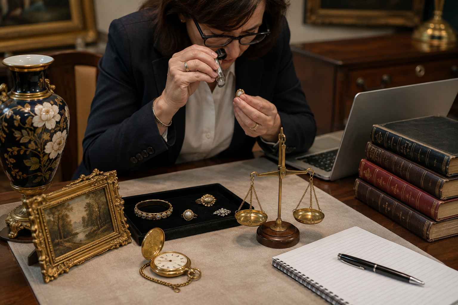 Antique silver collection examined with a magnifying loupe to identify silver marks, hallmarks, and maker stamps