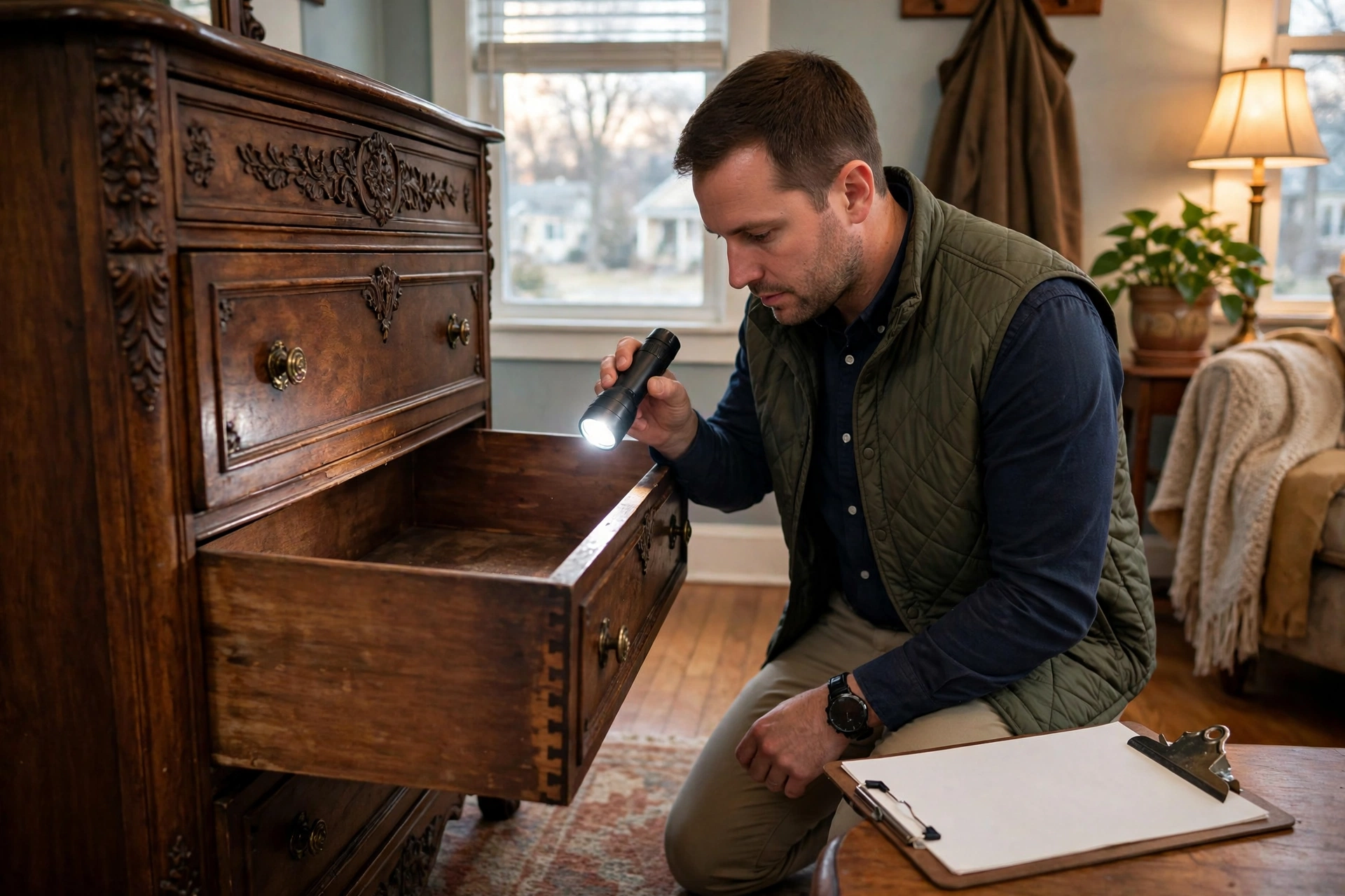 Antique appraiser inspecting vintage furniture and collectibles during an in-home appraisal