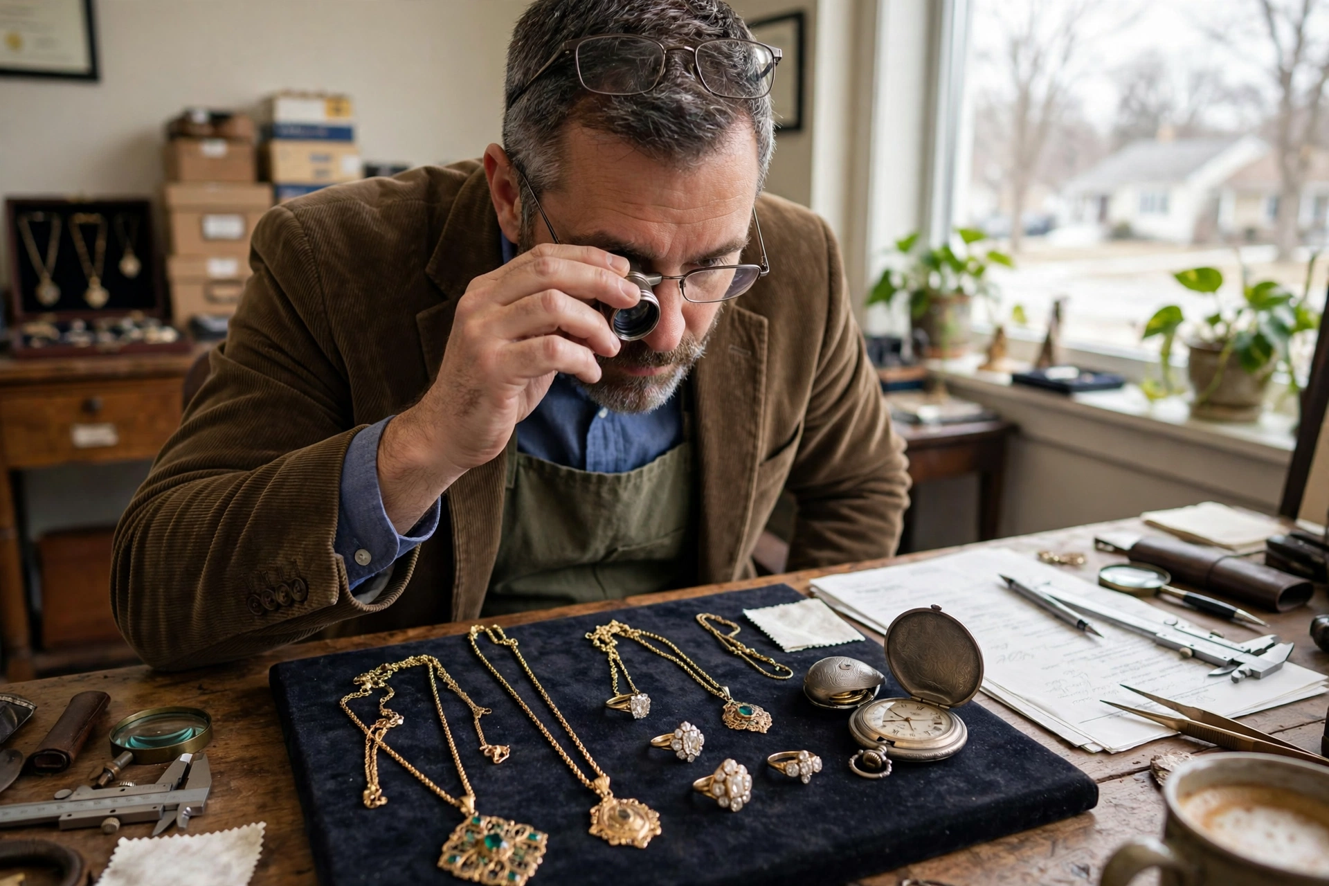 Appraiser examining antique diamond jewelry with a jeweler's loupe